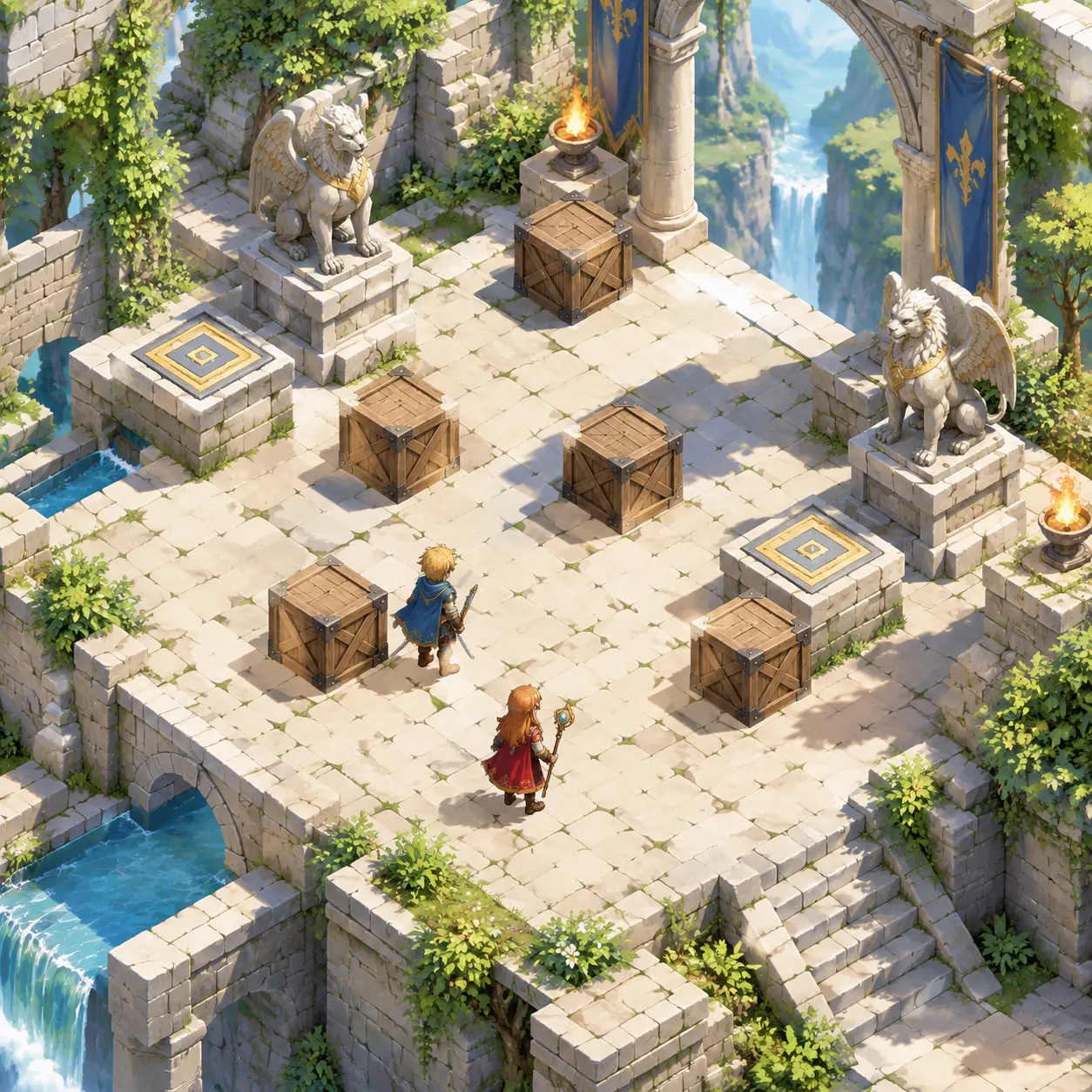 Original fan illustration of adventurers and wooden crates on a stone grid; not a game screenshot