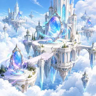 Original fan illustration of floating towers and glowing mirrors; not a game screenshot