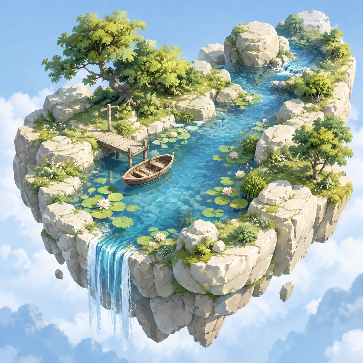 Original fan illustration of a river, lily pads and a boat; not a game screenshot
